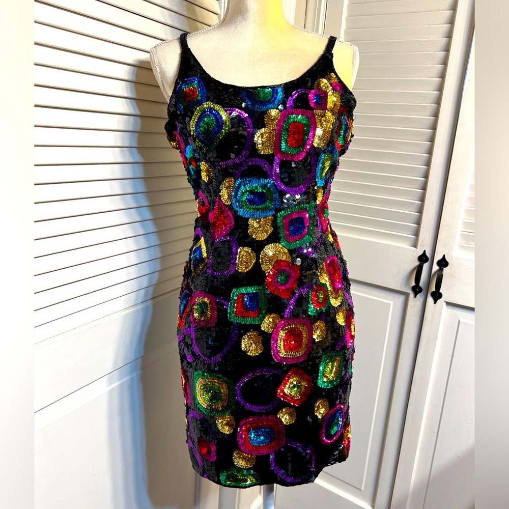 SCALA Rare Vintage Multicolor Beaded Sequin Mini Dress